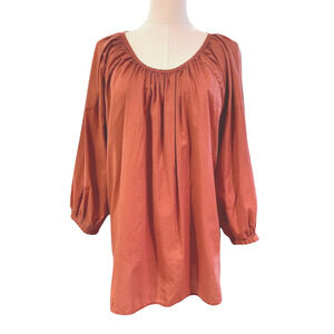 Everlane Sienna Brown Peasant Blouse Tie Back Neck Balloon Sleeves Size 12